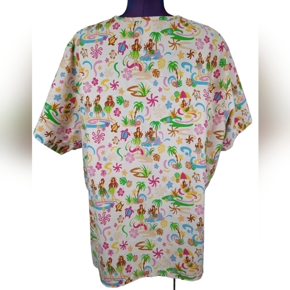 Uniforms Hawaii Medical Scrub Top Hula Girl Sea Turtles Light Pink Sz 2XL Unisex - Picture 4 of 8